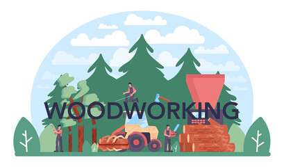 Woodworking typographic header. Timber industry and wood production