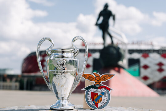 June 14, 2021 Moscow, Russia. The emblem of the Benfica football Club (Lisbon) and the UEFA Champions League Cup on the background of the Otkritie Arena stadium of the Spartak football club (Moscow).
