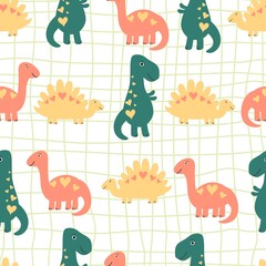 Seamless kids pattern Dinosaurs with heart on grid background