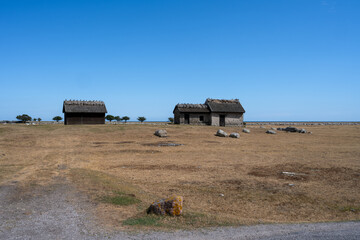 A moor landscape with old clay houses. Picture from the Baltic Sea island of Oland