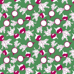 Hand-drawn fresh radish seamless pattern vector. White and pink root vegetables on green seamless pattern. Fresh radish surface design for kitchen, clothes, textile, home decor and more