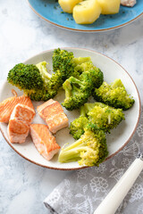 Pieces of fried salmon with broccoli on a plate