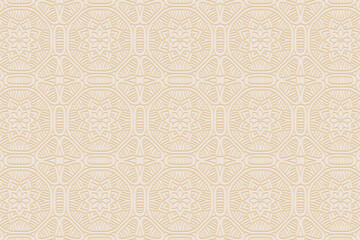 3D volumetric convex embossed geometric beige background. Doodling technique. Ethnic beautiful floral oriental, asian, indian pattern with handmade elements for design and decoration.