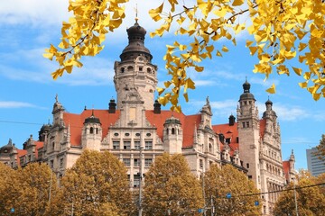 Leipzig Town Hall - autumn leaves seasonal view.