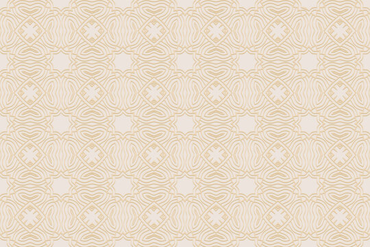 3D volumetric convex embossed geometric beige background. Doodling technique. Ethnic creative oriental, asian, indian pattern with handmade elements for design and decoration.