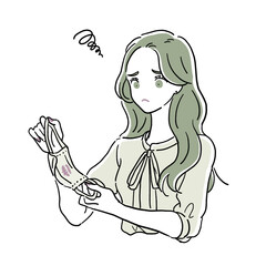 マスクに口紅がついて困っている女性A　上半身