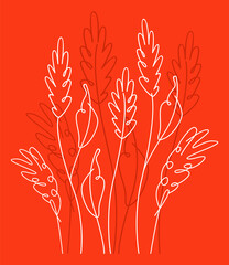 Vegetable wallpaper. Linear drawing on a red background. White silhouette of plants. Vector illustration.