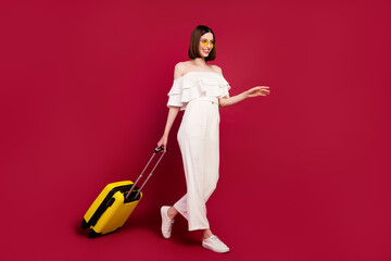 Full length photo of funky brown hairdo young lady go with bag wear eyewear top pants isolated on red background