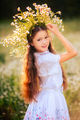 Portrait of a beautiful girl in a wreath of daisies with loose long hair in a field of daisies.