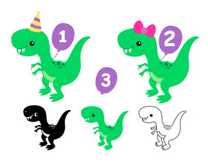 Funny birthday dinosaurs cartoon clip art. Silhouette vector flat illustration. Cutting file. Suitable for cutting software. Cricut, Silhouette