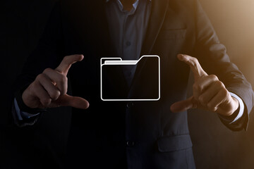 Businessman hold folder icon.Document Management System or DMS setup by IT consultant with modern...