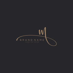 letter M gold handwritten logo vector design template. Black background.