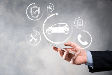 Digital composite of Man holding car icon.Car automobile insurance and car services concept. Businessman with offering gesture and icon of car