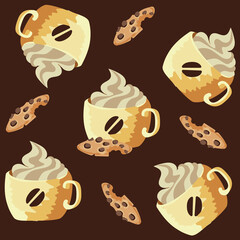 A cup of coffee with cream and pieces of chocolate chip cookies. Vector stock illustration, seamless pattern on brown background.
