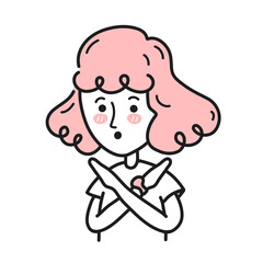 Young woman crossing arms and saying no gesture. Vector doodle cartoon character illustration. Isolated on white backgound. Girl person making X shape, stop sign with hands and negative expression
