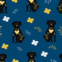 Cute black dog on a blue background. There are yellow flowers and leaves around. Seamless pattern for fabrics and notebooks. Cartoon drawing style. A dog is a friend of a person