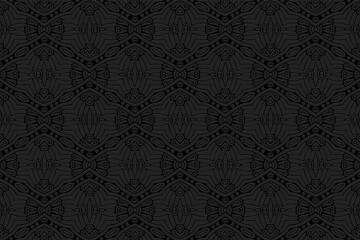 3D volumetric convex embossed geometric black background. Abstract doodling technique. Ethnic oriental, asian, indian pattern with handmade elements for design and decoration.