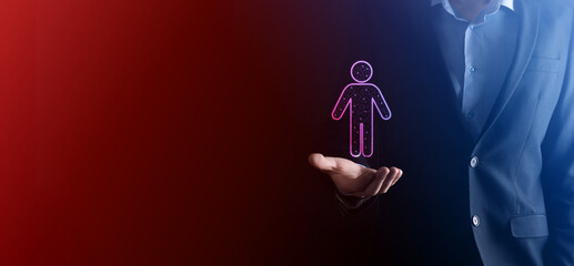 Businessman holds man person icon on dark tone background.HR Human ,people iconTechnology Process...