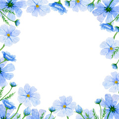 Watercolor hand-drawn Blue Floral Frame on a white background. 