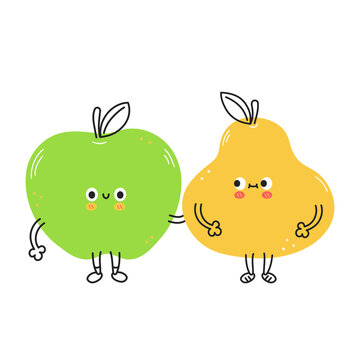 Cute funny pear and apple fruits. Vector hand drawn cartoon kawaii doodle character illustration icon. Lemon,strawberry and apple cartoon character concept. Isolated on white background