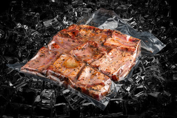 Vacuum-packed meat, on dark ice background, pork ribs. Semifinished.