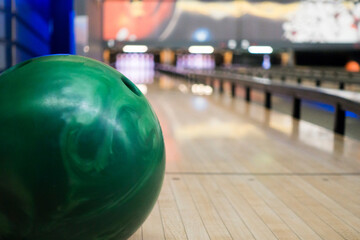 Close up of bowling ball on bowling alley