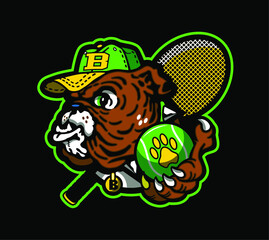 bulldog tennis team mascot with ball cap and racquet holding ball for school, college or league