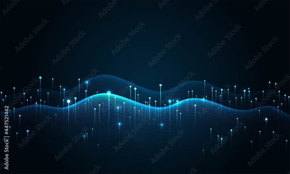 Poster big data visualization concept. dynamic wave on blue background. wave of particles