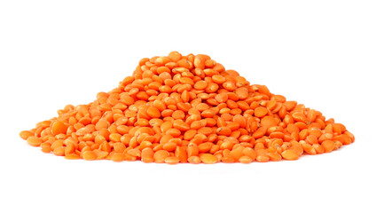 Red lentils isolated on white background.