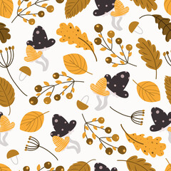 autumn pattern. Leaf fall seamless background. Stylized leaves of oak, beech, birches. Cartoon bunches of berries and acorns. Versatile design for fabric, digital paper, scrapbooking. Vector illustr