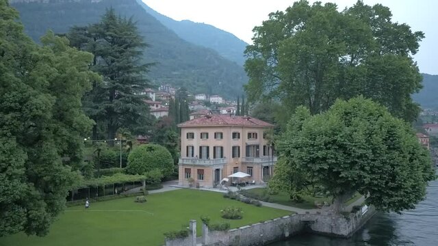 Aerial footage drone view of Manor Villa Plane Tree, in Como on Lake Lombardia Italy // no video editing