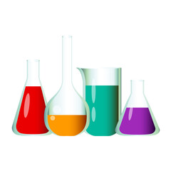Laboratory transparent glassware. Multicolored chemical liquids in tubes, cones and flasks vector illustration isolated on white background.
