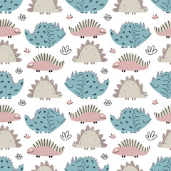 Cute baby pattern with dinosaurs, reptiles. Seamless background. Stylish ornament in Scandinavian style. Endless printing on fabric, children's textiles. Vector illustration, hand drawn