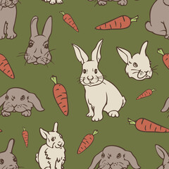 Vector seamless pattern with rabbits and carrots. Design with hares on green background.