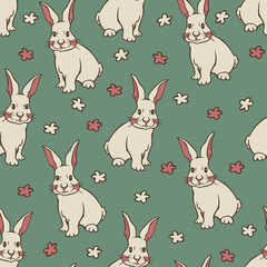 Vector seamless pattern with adorable rabbit with pink cheeks. Design with cute bunny and flowers on green background.