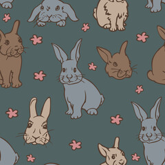 Vector seamless pattern with cute rabbits and flowers. Charming little bunnies illustration.