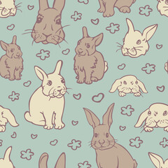 Vector seamless pattern with charming rabbits. Design with bunnies and outlines of flowers and hearts.
