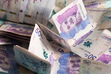 Billetes de 50 mil pesos colombianos, dinero Colombia, Peso colombiano