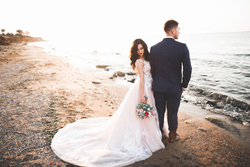 Elegant stylish happy wedding couple, bride, gorgeous groom on the background of sea and sky