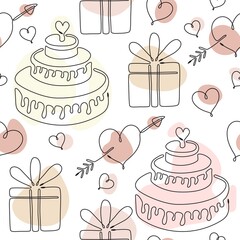 Seamless pattern with single line drawing of romantic symbols.