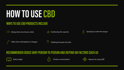 How to use CBD, medical uses for cbd oil of cannabis plant, black poster with infographic of medical benefits