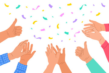 Clapping human hands. Group of men and women congratulates a winner. Business team applauding for great successful work. Teamwork and togetherness concept. Hand drawn colorful illustration