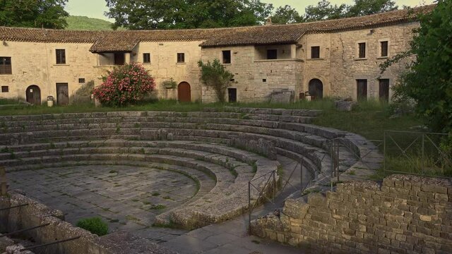 Roman theater in the ancient city of Altilia, today Sepino in Molise, at dusk in the Archaeological Park of Sepino. Sepino, Isernia, Molise, Italy