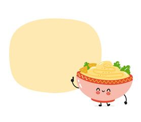 Cute funny traditional hummus bowl character. Vector flat cartoon kawaii character illustration icon. Isolated on white background. Hummus bowl, traditional arabic food cartoon character concept