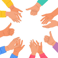 Clapping human hands. Group of men and women congratulates a winner. Business team applauding for great successful work. Teamwork and togetherness concept. Hand drawn illustration. Square banner