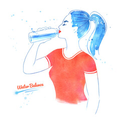 Woman drinking with bottle of pure water