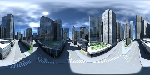 Fototapeta na wymiar Panorama of the city. HDRI, environment map , Round panorama, spherical panorama, equidistant projection, panorama 360, cityscape, 3d rendering