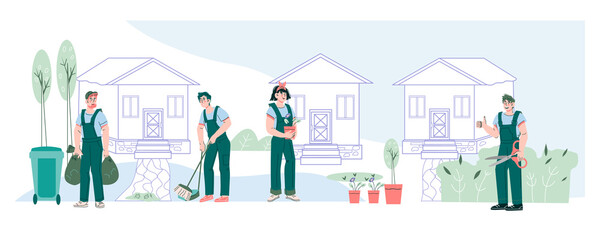 Professional garden care and tree trimming services banner with characters of gardeners planting and cleaning. Garden maintenance, cartoon flat vector illustration isolated on white.
