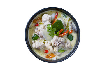 chicken coconut soup.Thai food. Tom Kha Gai in a black bowl, placed on a wooden table, popular Thai food concept.