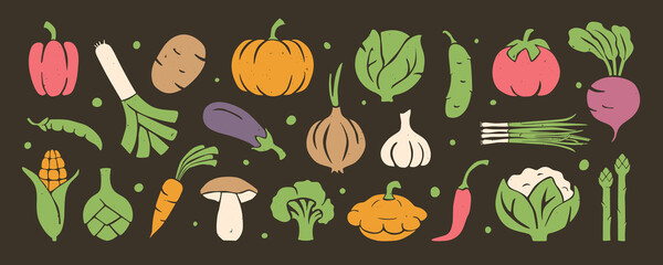 Set of flat vector vegetable icons. Healthy food, organic food, diet, vegetarianism and vitamins symbols. Vector flat hand drawn illustration - obrazy, fototapety, plakaty